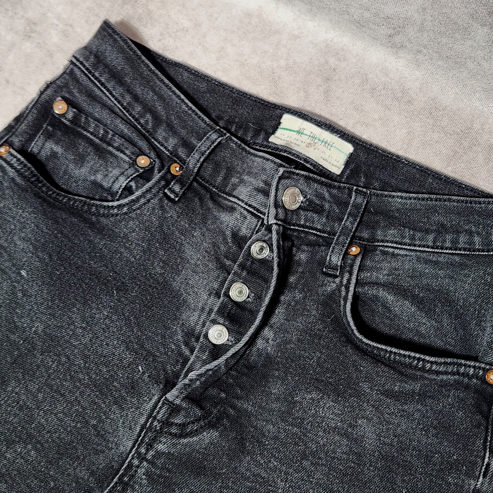 We The FREE People Black denim Jeans Button Fly raw hem Skinny distressed Sz 28
